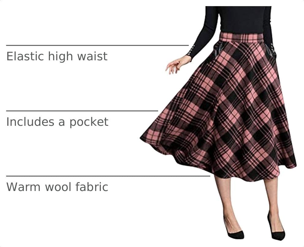 IDEALSANXUN Womens Plaid Wool Skirts Elastic Waist A-Line Pleated Tartan Long Skirts