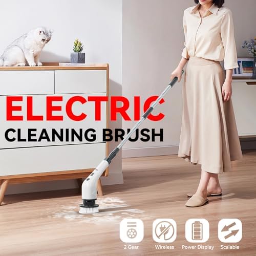 APLUSH Electric Spin Scrubber,Cordless Shower Cleaning Brush with 7 Replaceable Brush Heads, Adjustable 2 Speeds Extension Handle Power Cleaning Brush for Tub Tile Floor Car,White