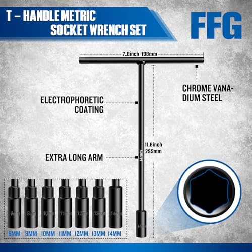 T - Handle Metric Socket Wrench Set 6- Point (6mm, 8mm, 10mm, 11mm, 12mm, 13mm, 14mm) Chrome Vanadium Steel T Handle Wrench Hex Socket For Car Motorcycle Dirtbike Repair (7 Pack)