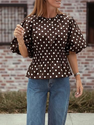 Cicy Bell Women Polka Dot Peplum Blouse Round Neck Puff Sleeve Summer Top
