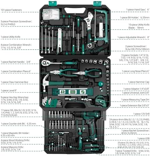 Tool Set: Tool Kit with 12V Cordless Drill, Hand Toolbox with storage case, Mechanic Tool set for Home Repairs, Green
