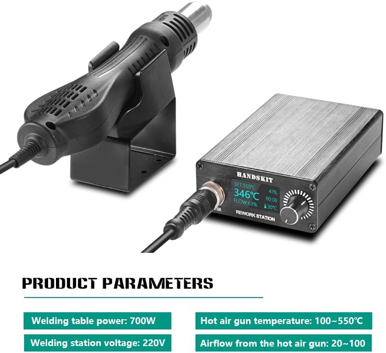 Hot Air Rework Soldering Station,Craft Heat Gun with Digital Display Adjustable Temperature Solder Iron Station Kit Desoldering Heat Gun Wick Tool with 7 Nozzles 700W SMD Welding Heating Gun