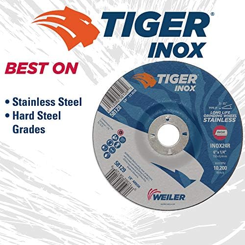 Weiler 58129 6" x 1/4" Tiger INOX Type 27 Grinding Wheel, INOX24R, 7/8" A.H. (Pack of 10)