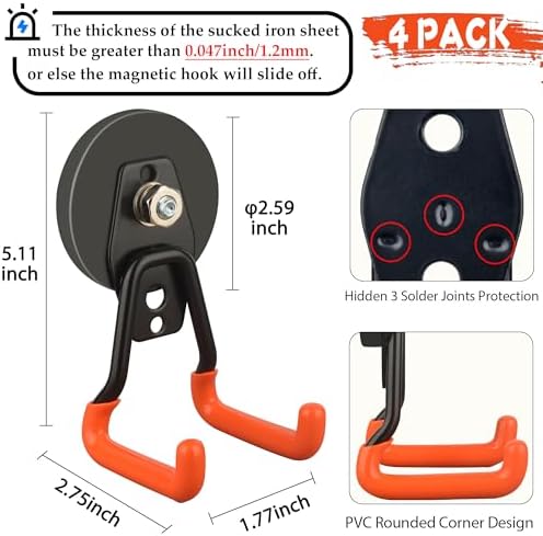 ULIBERMAGNET New Upgraded Heavy Duty Magnetic Garage Hooks,4 Pack Strong Large Magnet Hooks for Power Drill,Garden Tools,Hose,Pegboard,Garage, Workshop,Magnetic Storage Hook for Hanging(Orange)