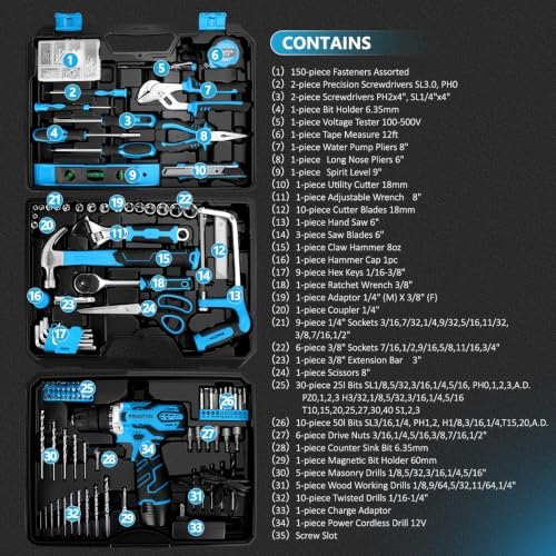 KingTool 276-Piece Tool Set Kit with 12V Cordless Power Drill (Blue)