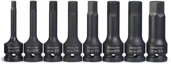 NEIKO 01137B 1/2-Inch-Drive Allen Socket Set, 3-Inch Length, 1/2-Inch Impact Hex-Bit Socket Set, SAE Hex Driver 1/4" to 3/4", CrMo Steel, Impact-Grade, 8-Piece Set