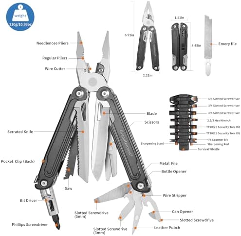GrandHarvest 17-in-1 Stainless Steel Multi-Tool, self-locking practical multi-tool, equipped with large multi-purpose pliers, folding knife, belt clip, and nylon sheath, men's gift, EDC multi-tool
