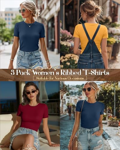 Ficerd 3 Pack Women's Ribbed Short Sleeve T-Shirts