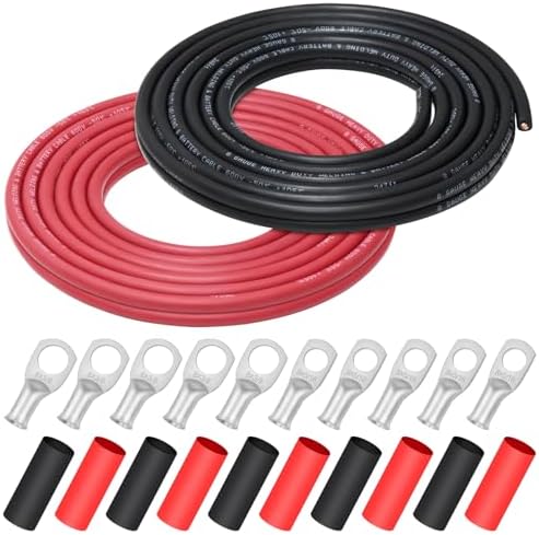 iGreely 8 Gauge Battery Cable, 20 Ft Black + 20 Ft Red 8 AWG Flexible Copper Welding Battery Wire for Car Solar, 5pcs 5/16""& 5pcs 3/8"" Copper Cable Lug Terminals with Heat Shrink Tubing