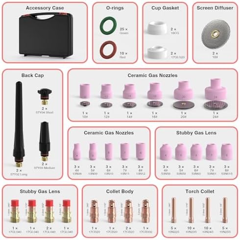 YESWELDER 123 Pcs TIG Welding Torch Stubby Gas Lens Ceramic Cup Kit