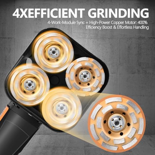 4-Head Concrete Grinder with Extendable Rod, 3800W 4'' Grinding Machine