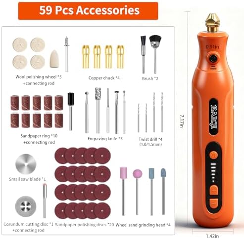 Electric Totary Cordless Tool Kit, Type-C Rechargeable 2000mAH, 6 Adjustment Speeds(5000-22000RPM), 59Pcs Accessories For DIY Crafting,SandingCarving,Sanding,Cutting (Orange-59 pcs Accessories)