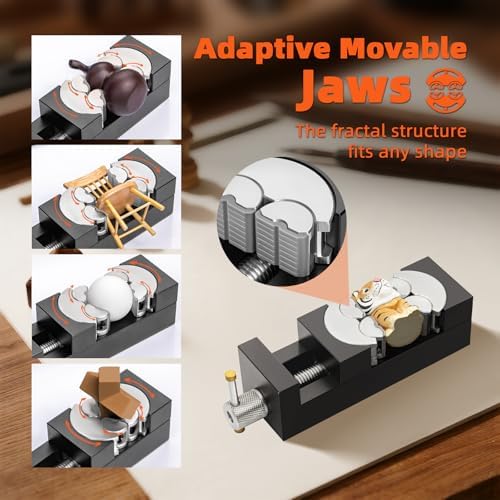 Luvan Self-Adjusting Fractal Vise with Silicone Plugs - Mini Drill Press & Bench Vise Clamp, 2.44" Jaw Opening, CNC Aluminum for DIY, Jewelry, Crafts, Repair (Non-Marring & Secure Grip)