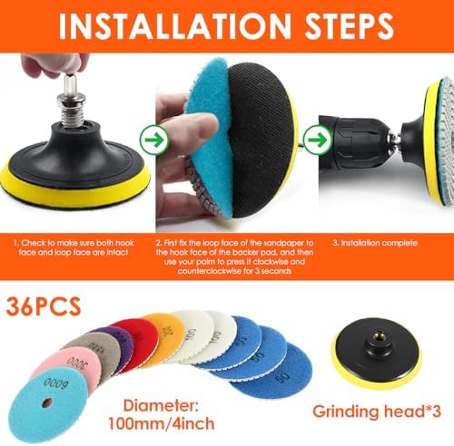 36 Pcs Granite Polishing Kit, 4 Inch 50-6000 Grit Diamond Polishing Pads