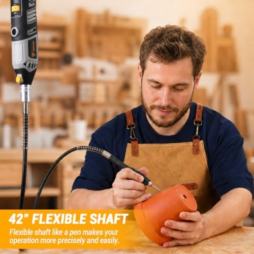DEKOPRO Rotary Tool Kit, 1.5-Amp Corded Power Rotary Tools with 42" Flex Shaft, 6 Variable Speed, 8,000-35,000 RPM, 129 Pcs Accessories Kit for Cutting, Sanding, Grinding, Carving & DIY Projects Gray