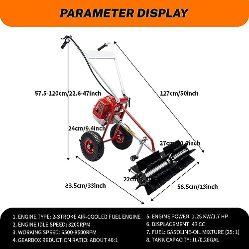 Gas Powered Power Broom 43CC 1.7HP, Walk Behind Sweeper Brush 2-Stroke Engine, Nylon Rolling Brush Lawn Sweeper Cleaner, Portable Turf Sweeper for Artificial Grass, Gravel, Snow, Yard Cleaning
