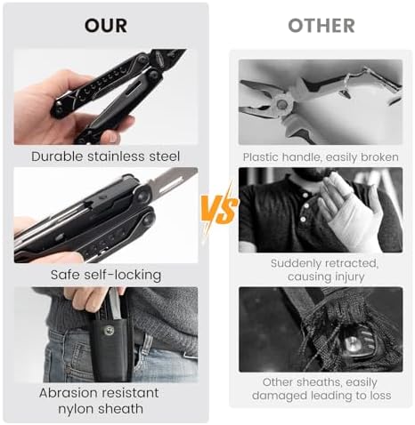 PERWIN Multitool, 20-in-1 Stainless Steel Multi Tools Pliers with Nylon Sheath, Safe Locking, Professional Multi-Tool for Survival, Camping and Hunting, Black