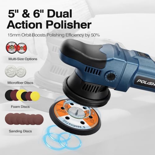 Buffer Polisher, 15mm Dual Action Random Orbital Polisher, 5 Inch/6 Inch Car Detailing Kit, 6 Variable Speed 2000-5200 RPM – Professional Car Buffer for Trucks and SUVs