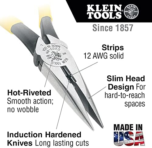 Klein Tools D213-9NE-CR Lineman's Crimping Pliers & D203-8 Needle Nose Pliers, Long Nose Side Cutters, Alligator Pliers with Extended Handles, 8-Inch