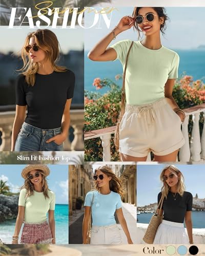 Ficerd 3 Pack Women's Ribbed Short Sleeve T-Shirts