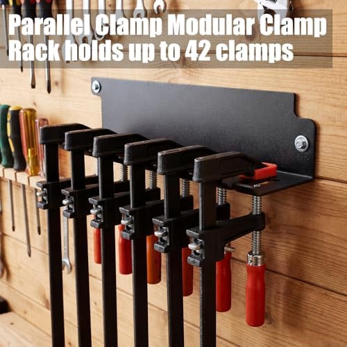 LEIFIDE 6 Pack Parallel Clamp Rack Black Help to Store Heavy Duty Clamps 16'' Long Stainless Steel Clamp Holder Pre-Drilled 16 inch on Center for Mounting to Wall Stud Workshop Organizer and Storage