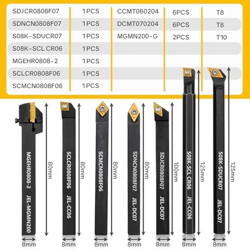 Indexable Lathe Turning Tool 21Pcs Kit 5/16" 8mm Shank 7 Pcs Metal Lathe Tool Holder Set with 14 Pcs Turning Inserts for Turning Grooving Threading Boring Carbide Inserts Carbide Turning Tool