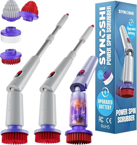 Synoshi PRO Electric Spin Scrubber Bundle – Shower Scrubber with Long Handle Extension & Cone Brush Heads – Bathroom Scrubber, Floor Scrubber & Bathtub Scrubber Electric Cleaning Tool