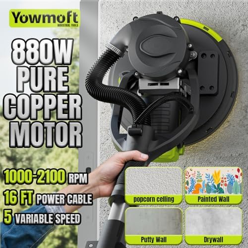 Drywall Sander with Vacuum Dust Collector, 880W Popcorn Ceiling Removal Tool with 5 Variable Speed & LED Light, 1000-2100 RPM Electric Sander for Drywall with 9 Sanding Discs & Attachments