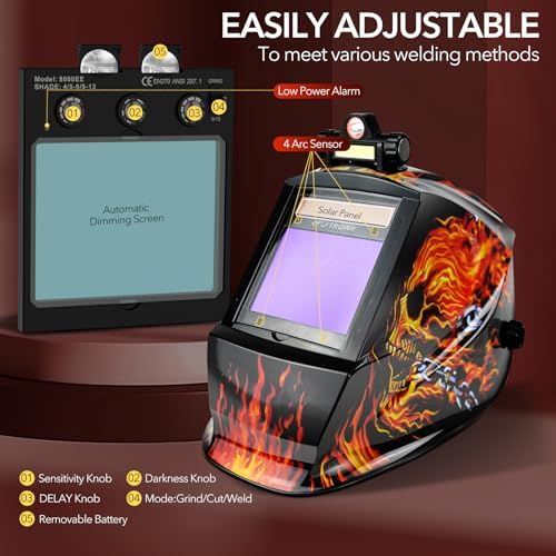 TRQWH Welding Helmet Auto Darkening Large Viewing True Color Solar Powered Welding Mask with 4 Arc Sensor Adjustable Wide Shade Range 4~5-8/9-13 Welder Mask with Grinding