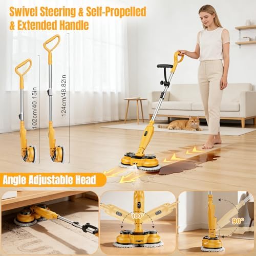 Cordless Electric Mop for Dewalt 20V Battery (NO Battery), 2 in 1 Spin Mop & Electric Floor Scrubber Machine with LED Light & Water Spray, 800 RPM Rotating Electric Mops for Floor Cleaning (Yellow)
