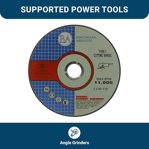 Benchmark Abrasives 6 Inch Cut Off Wheels Aluminum Oxide Self Sharpening for Metal and Steel, .045" Thick 7/8" Arbor, Angle Grinder Cutting Disc, Type 1 Thin Grinding Cutting Wheel - 50 Pack