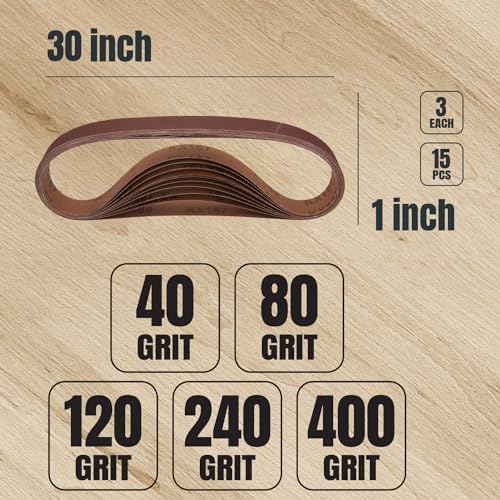 POWERTEC 1x30 Sanding Belts, 15PK, 3 Each of 40/80/120/240/400 Grits, 1 x 30 Inch Aluminum Oxide Sanding Belts for Belt Grinder, Belt and Disc Sander, Knife Sharpening, Woodworking (11127-3)