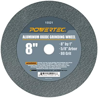 POWERTEC Bench Grinder Wheel 8 Inch 80 Grit, Aluminum Oxide Grinding Wheel for Bench Pedestal Grinder, 1" Thick 5/8" Arbor, Sharpening & Shaping Drill Bits, Blade, and Chisel 1PK (15521)