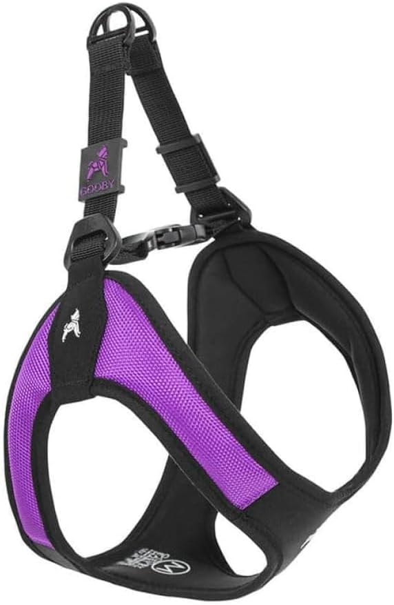 Gooby Escape Free Easy Fit Dog Harness, Step-in, Purple, Large | Patented escape-free frame; Contracts if they back out; Step-in easy on/off; Machine washable; Light POM leash ring