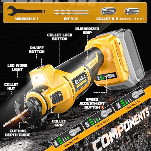 Ecarke Cordless Drywall Cutting Tool Compatible with DeWALT Battery: Ecarke Up to 30000 RPM Brushless Router 20v Saw with 3 Speed Adjustable,Drywall Rotary Tool for Sheetrock,Wood,Plywood(Tool Only)