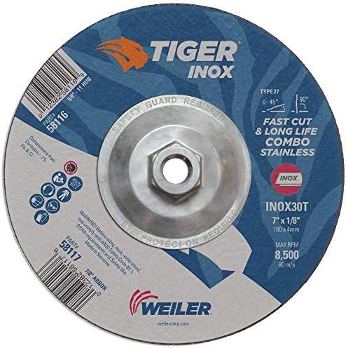 Weiler 58116 7" x 1/8" Tiger INOX Type 27 Cut and Grind Combo Wheel, INOX30T, 5/8"-11" UNC Nut (Pack of 10)