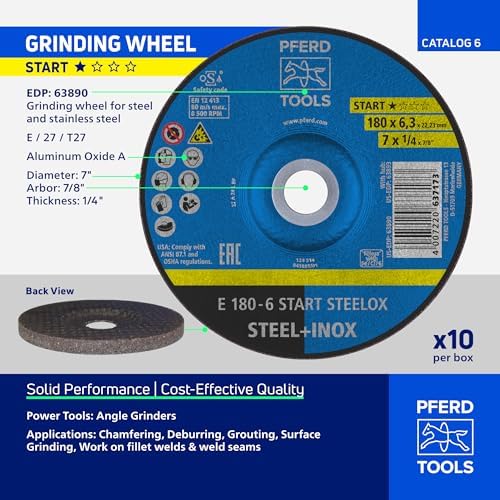 PFERD START STEELOX Type 27 Grinding Wheel, 7" x 1/4" x 7/8", Aluminum Oxide – for Angle Grinders – Use on Steel & Stainless Steel (Pack of 10) - Part 63890