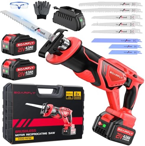 Cordless Reciprocating Saw 21V Brushless Motor with 2x4.0Ah Batteries, 3500 SPM High-Speed Cutting, 8 Premium Blades for Wood, Metal, PVC Pipe, Lightweight & Professional Power Tool