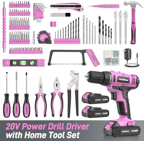 PULITUO Power Drill Tool Kit with 20V Cordless Drill/Driver, Electric Screwdriver, 2 Batteries & Charger, LED Light, 199-Piece Pink Home DIY Tool Set with Toolbox, Drill Set for Women & Men (Pink)