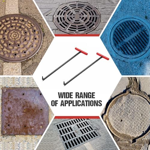 Gisafai 2 Pack 24 Inch Manhole Cover Hook with T Handle and Gloves Heavy Duty Steel Sewer Tool for Manhole Covers, Storm Drains, Septic Lids, Multi Purpose Lifting and Removal Kit