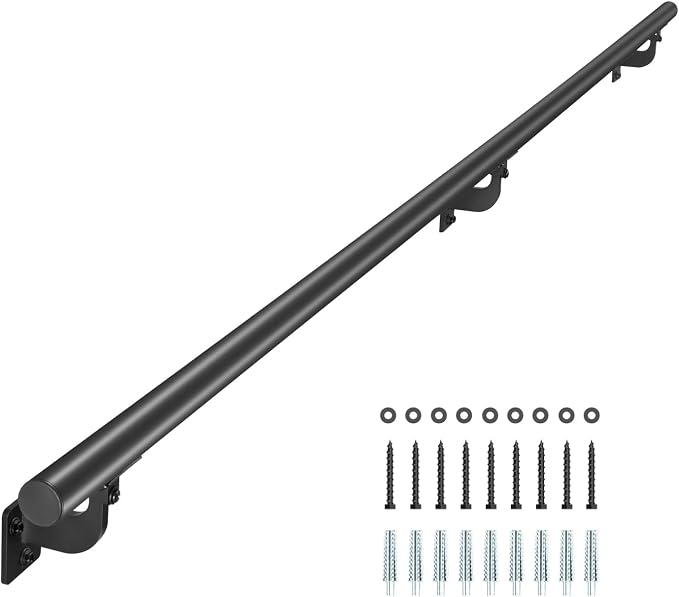 VEVOR Wall Mounted Stair Handrail, 5ft Pipe Staircase Handrail, Black Galvanized Aluminum, 1.26 inch Pipe Diameter, Indoor&Outdoor Staircase Railing,Industrial Hand Rail for Steps,Security Baluster