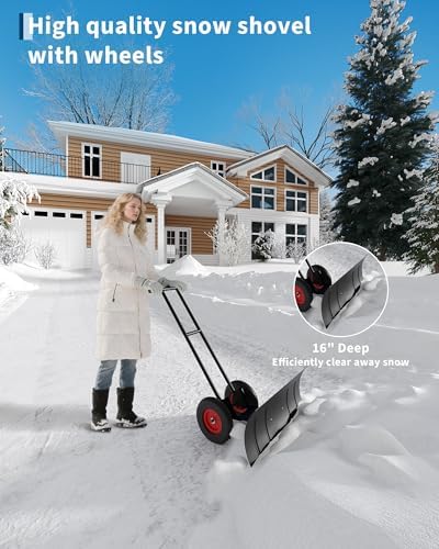 40" Heavy-Duty Steel Snow Pusher with Wheels, Adjustable Ergonomic Handle & 45° Angled Blade for Efficient Driveway & Sidewalk Clearing