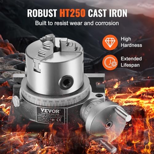 VEVOR Rotary Table for Milling Machines, 4''/ 100 mm, Horizontal Vertical Model Precision Milling Rotary Table, with 3.1''/80 mm 3-Jaw Chuck M10 T-Bolts Nuts, for Milling Engineering Indexing Tools