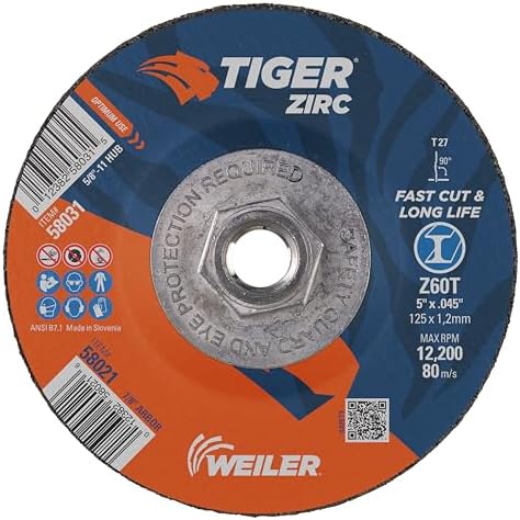 Weiler 58031 5 Inch Cutting Wheel, Tiger Zirc Steel/Metal Fast Cut & Long Life High Performance Cutting, .045" Z60T Type 27 5/8"-11 Hub, Pack of 10