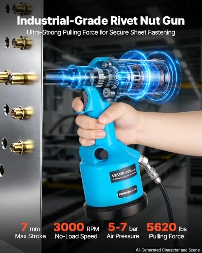 VEVOR Automatic Pneumatic Rivet Nut Gun Kit with 13PCS SAE & Metric Gun Heads, Industrial-Grade 5620LBS Pulling Force, Air Rivet Nut Tool for Automotive, Construction, Industrial Manufacturing