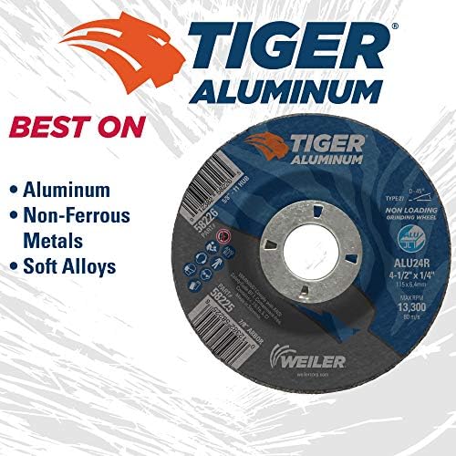 Weiler 58225 4-1/2 x 1/4 Tiger Aluminum Type 27 Grinding Wheel ALU24R 7/8 A.H (Pack of 10)