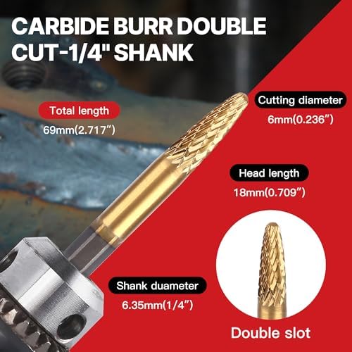 HUHAO Tungsten Carbide Rotary Burr Bit, Double Cut Carbide Burr 1/4" Shank Die Grinder Cutting Burrs Bit for Metal Working & Sturdy