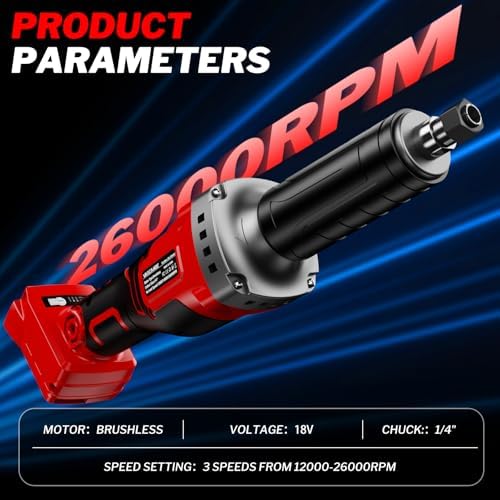 1100W Brushless Braking Die Grinder Compatible with Milwaukee Battery, 3 Level Variable Speed Up to 26000RPM, 1/4" Precision Drill Chuck for Grinding, Polishing, Drilling (Batteries Not Included)