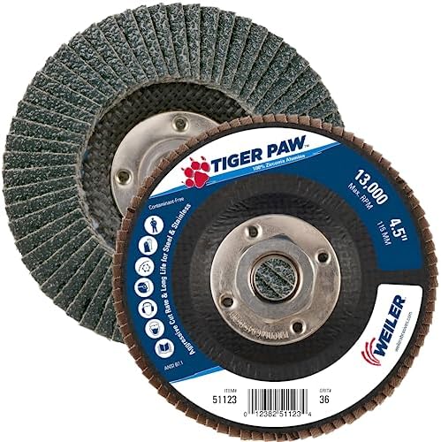 Weiler 51123 4-1/2" Tiger Paw Abrasive Flap Disc, Conical (Ty29), Phenolic Backing, 36Z, 5/8"-11 Unc Nut (Pack of 10)