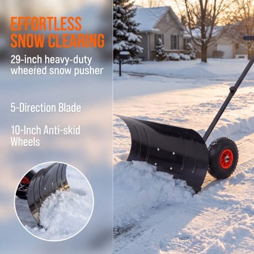 29" Snow Pusher Shovel with Adjustable Handle, Snow Shovel with Wheels, Snow Clean Tool for Driveway or Pavement, Black